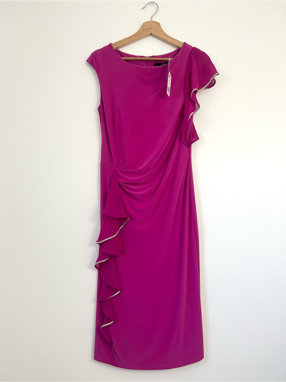 Joseph Ribkoff Magenta Rhinestone Asymmetrical Ruffle Cocktail Dress | US 8